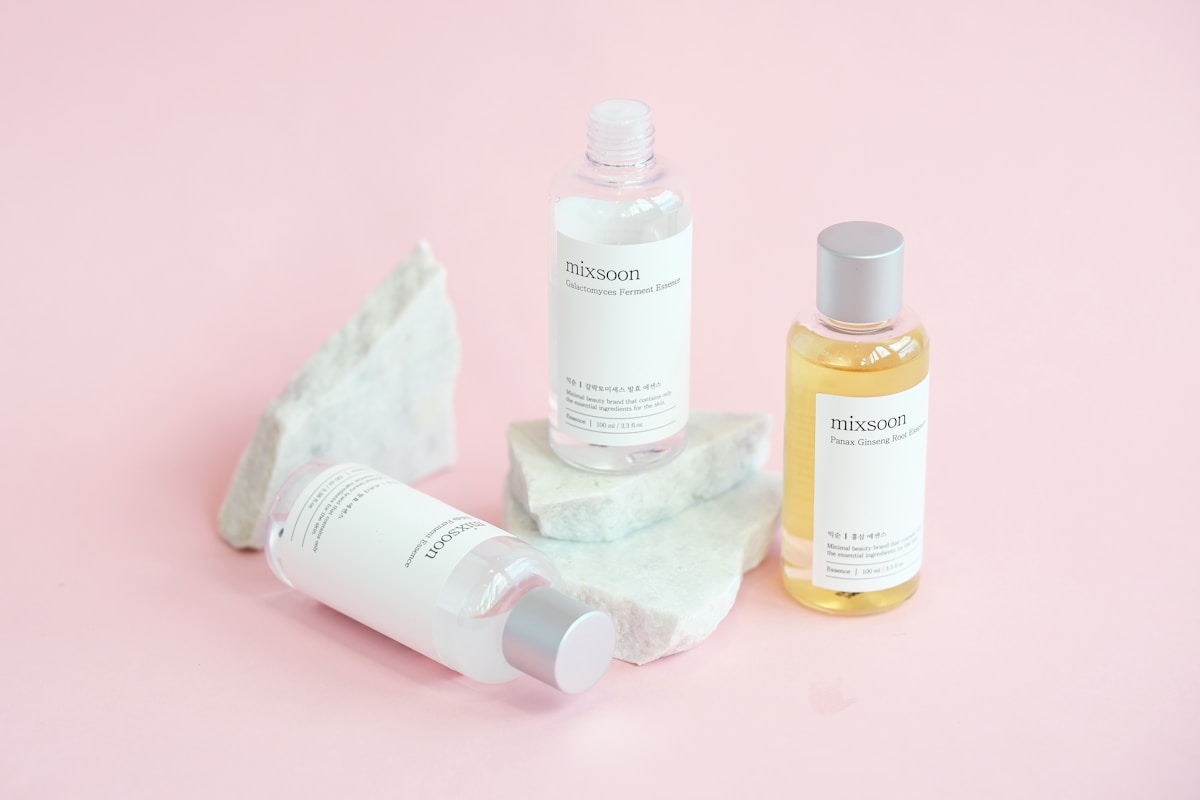 Skincare products and face masks arranged on a marble surface in a Seoul beauty boutique