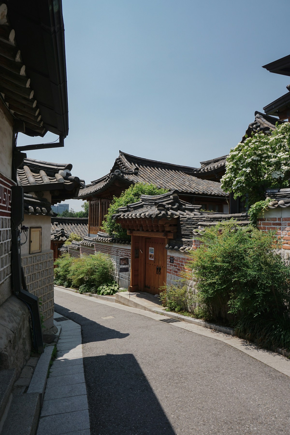 Traditional Korean hanok houses lining a village street in South Korea