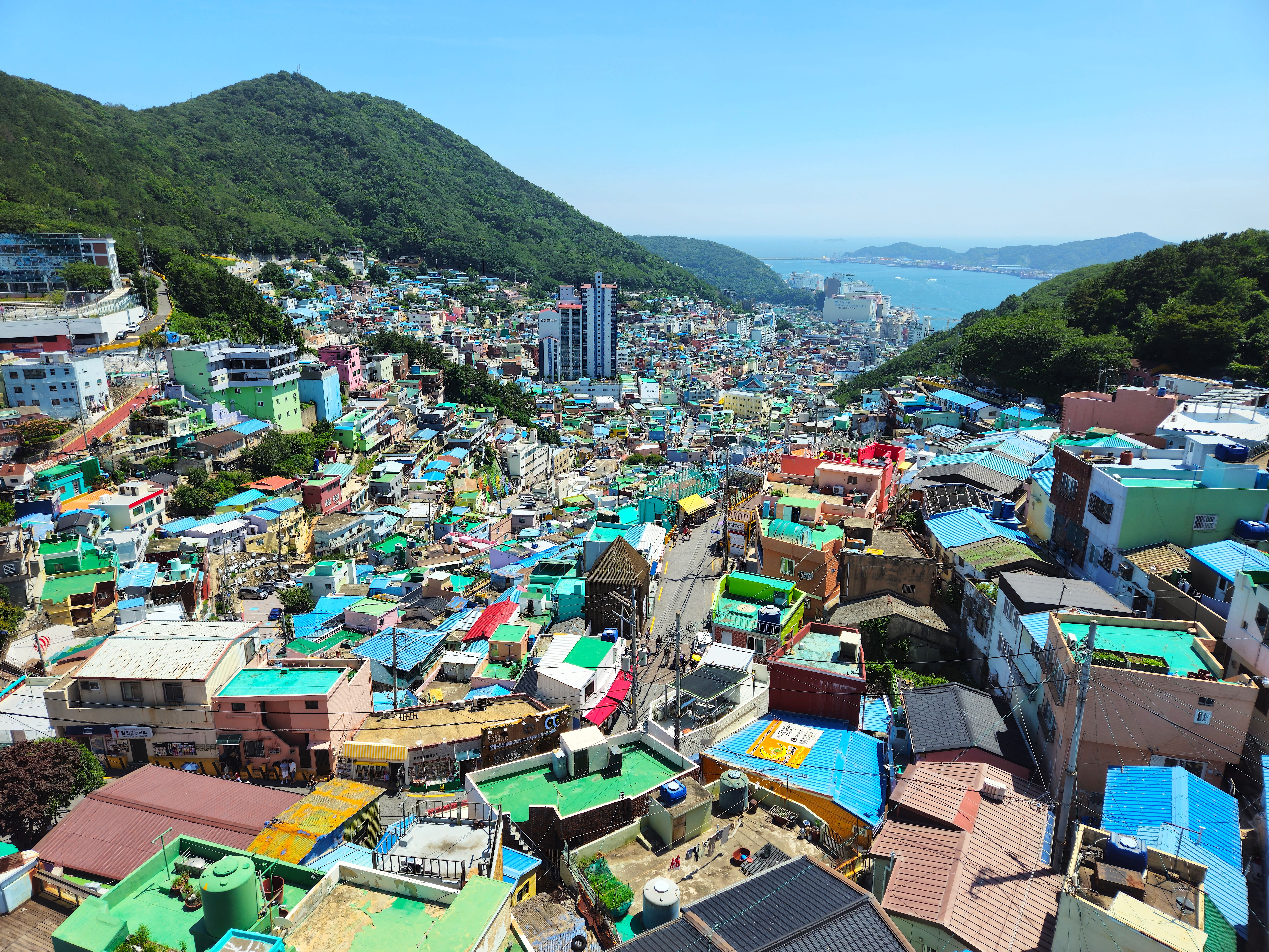 Aerial view of Gamcheon Culture Village colourful rooftops cascading down the hillside in Busan, South Korea