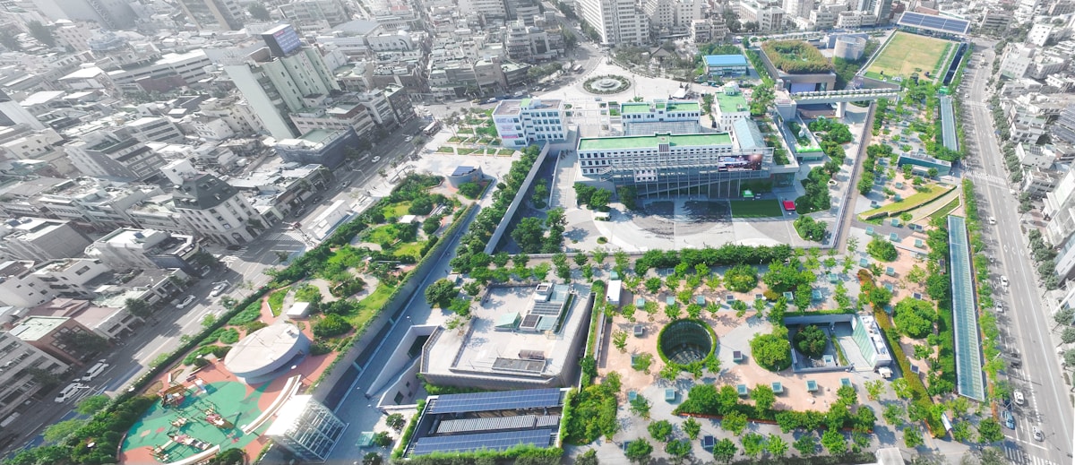 Aerial view of Gwangju city including the National Asian Culture Complex, South Korea