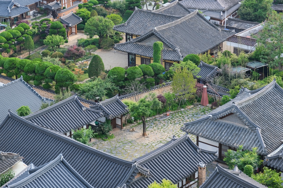 Traditional tile-roofed hanok houses in Jeonju Hanok Village at dawn