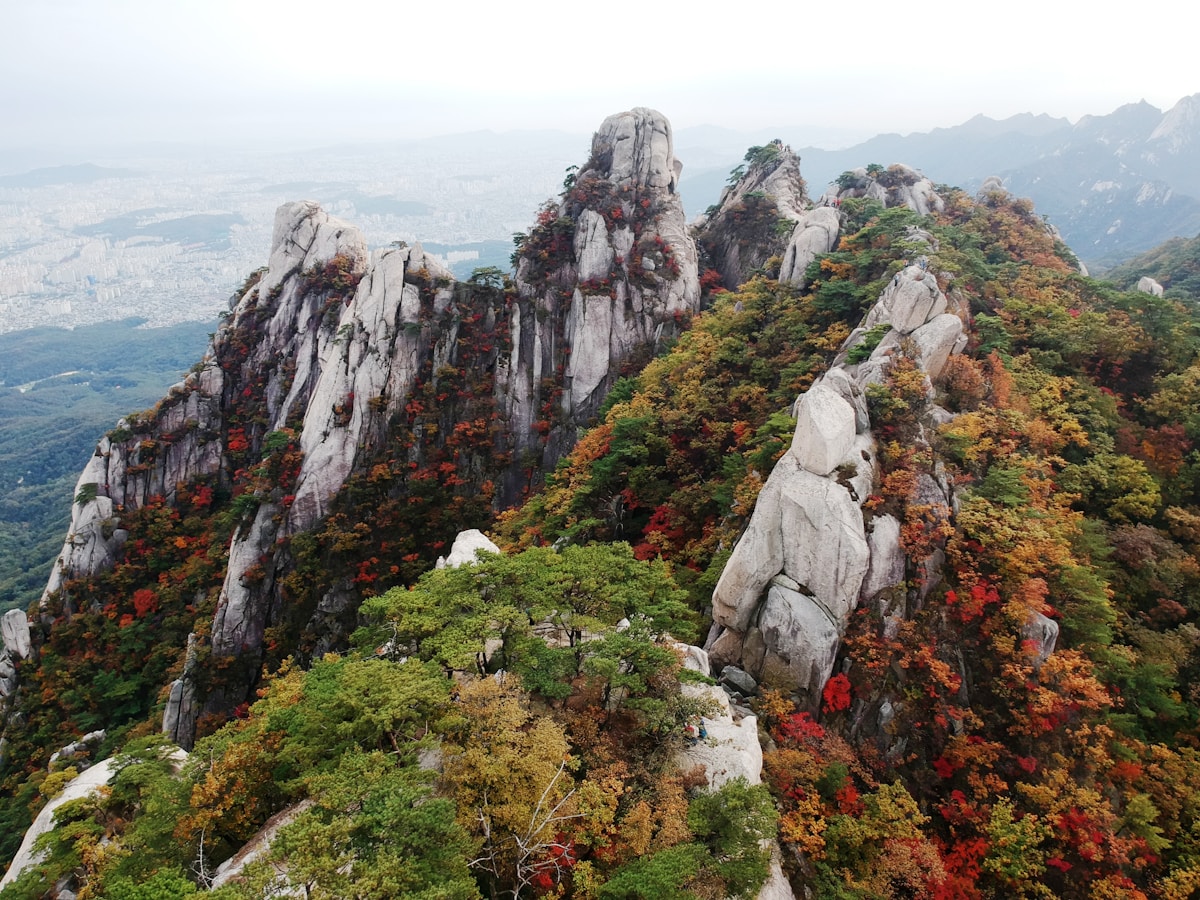 Seoraksan mountain peaks with autumn foliage above Sokcho on the east coast