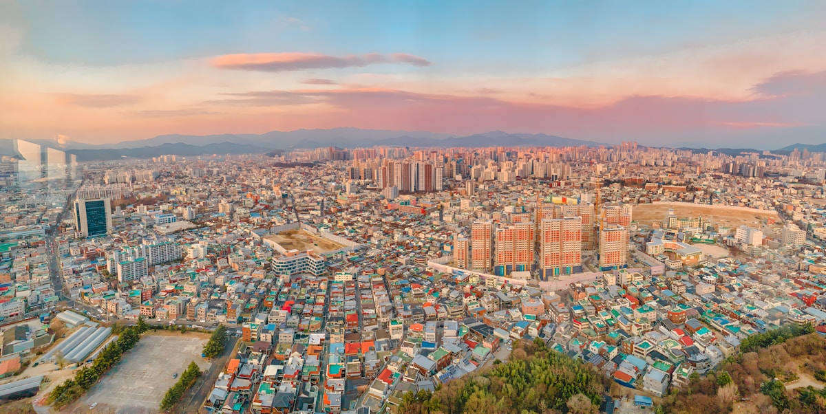 Panoramic aerial view of Daegu city skyline at dusk, South Korea