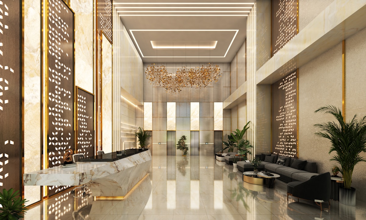 Modern hotel lobby with city views in Incheon's Songdo district