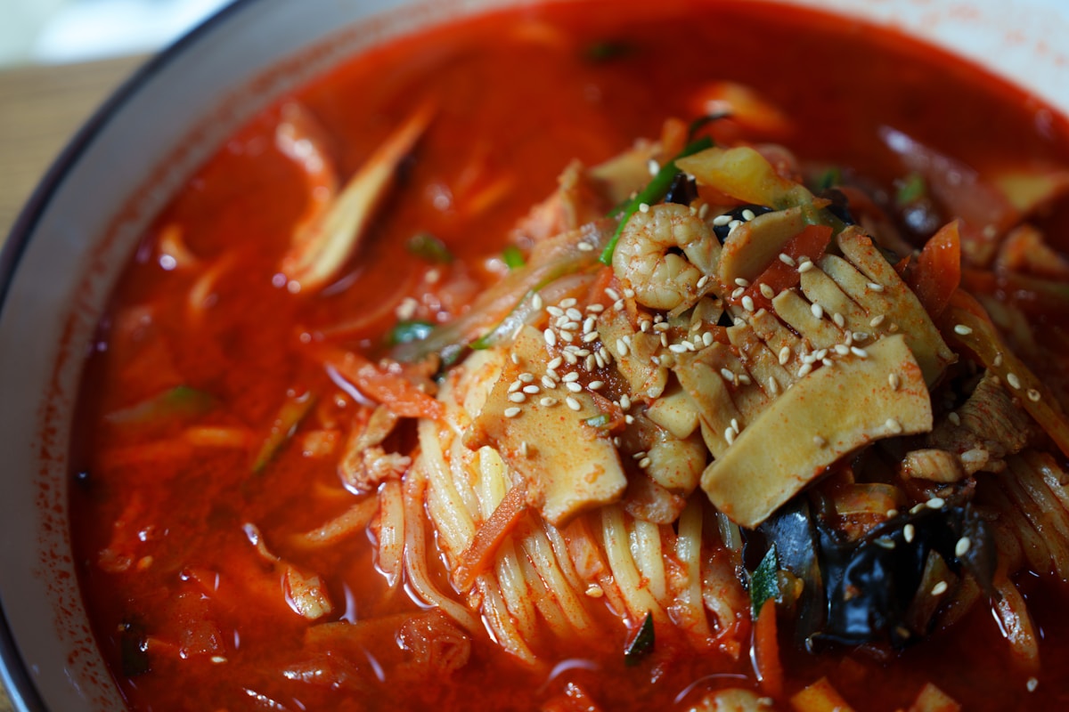 Bowl of jajangmyeon black bean noodles served in a traditional restaurant in Incheon Chinatown