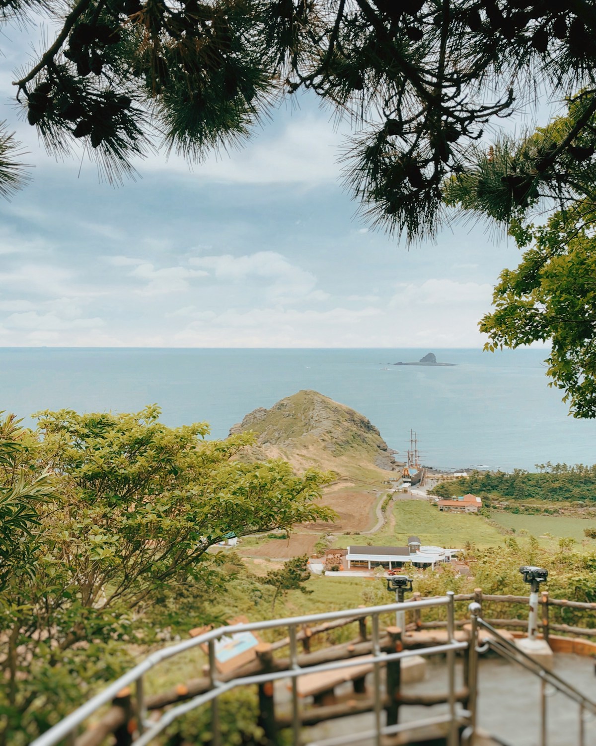 Coastal viewpoint near Seogwipo on Jeju Island looking out over a rocky headland and the southern sea