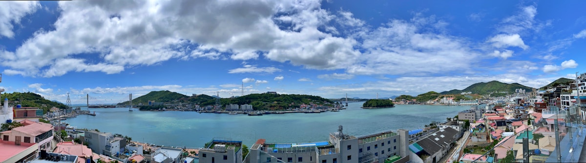 Panoramic view of Yeosu harbour with bridge and coastal islands, South Korea