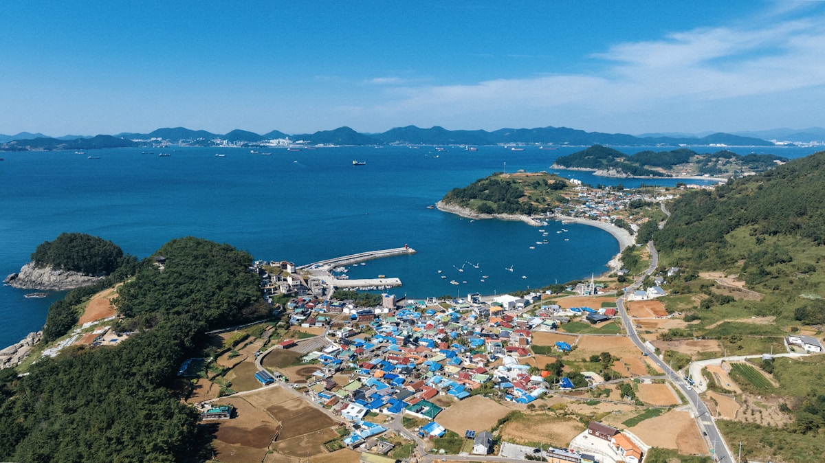 Aerial view of a coastal bay with green islands on the south coast of South Korea near Yeosu